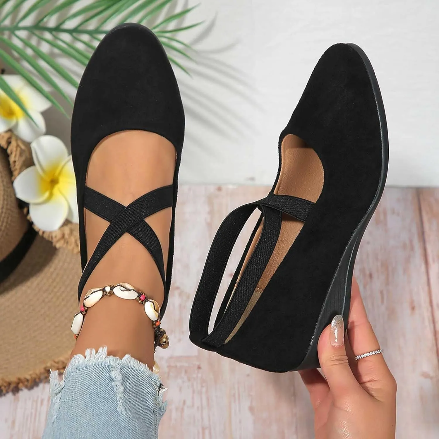 Women's Comfortable Fashion Elastic Ankle Straps Flats Shoes Pull-On Criss-Cross Ballet Girls Dress Little Gracy Mary Shoes Dressy Crisscross Strap Ballerina Flats Closed Toe Slip On Flat