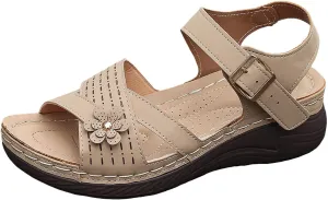Womens Comfortable Sandals Open Toe Hollow Flower Wedge Orthopedic Flat Sandals for Women Dressy Non Slip Summer Walking Shoes Casual Breathable Shoes Orthotic Sandal