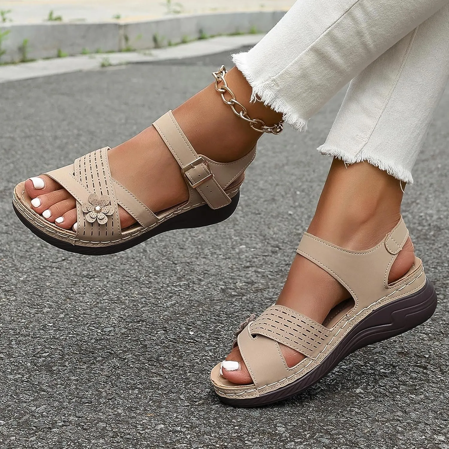 Womens Comfortable Sandals Open Toe Hollow Flower Wedge Orthopedic Flat Sandals for Women Dressy Non Slip Summer Walking Shoes Casual Breathable Shoes Orthotic Sandal