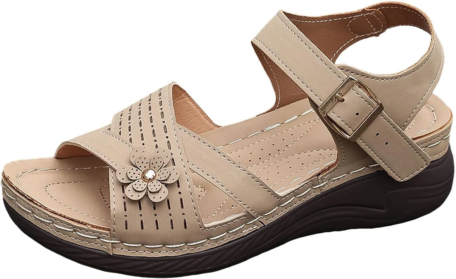 Womens Comfortable Sandals Open Toe Hollow Flower Wedge Orthopedic Flat Sandals for Women Dressy Non Slip Summer Walking Shoes Casual Breathable Shoes Orthotic Sandal
