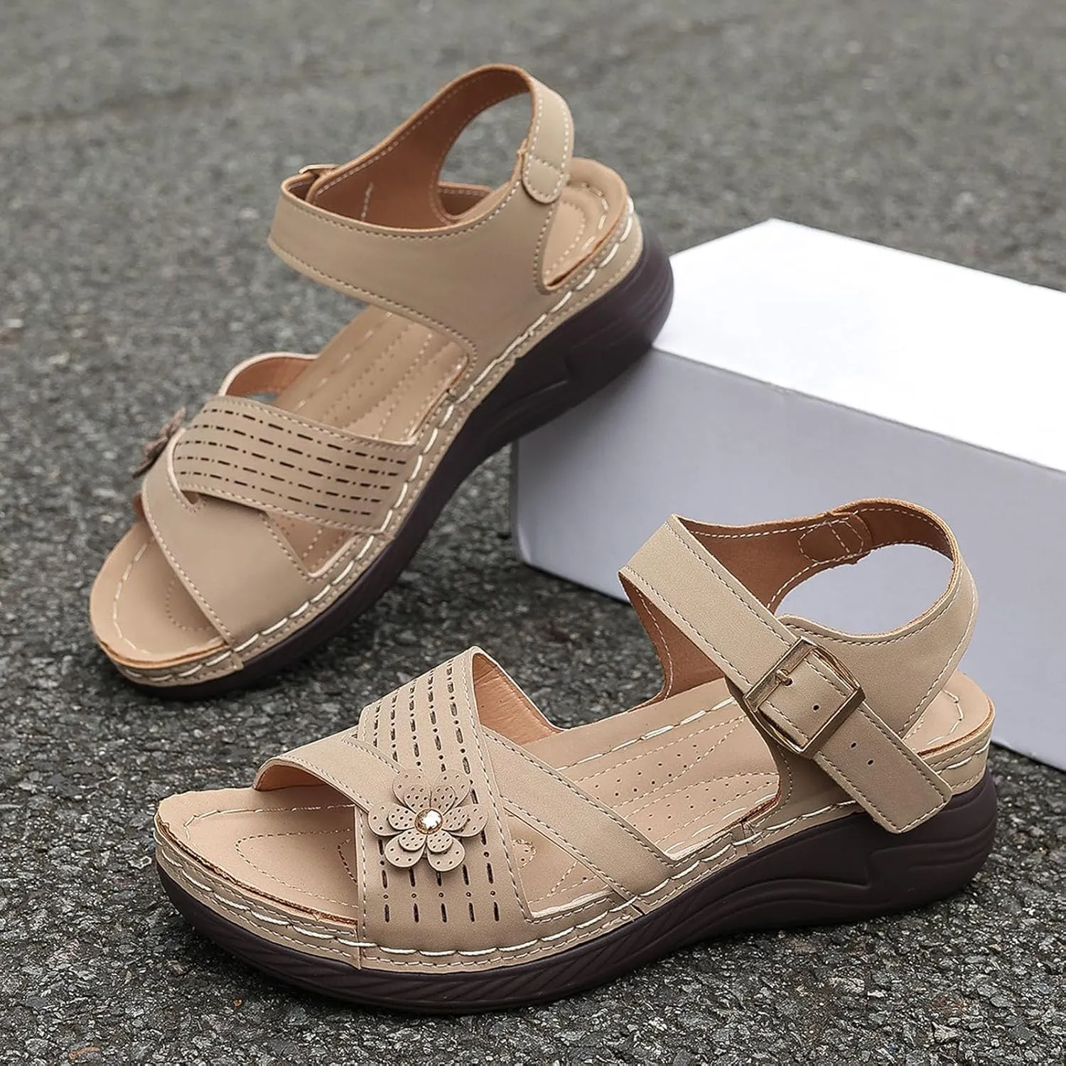 Womens Comfortable Sandals Open Toe Hollow Flower Wedge Orthopedic Flat Sandals for Women Dressy Non Slip Summer Walking Shoes Casual Breathable Shoes Orthotic Sandal
