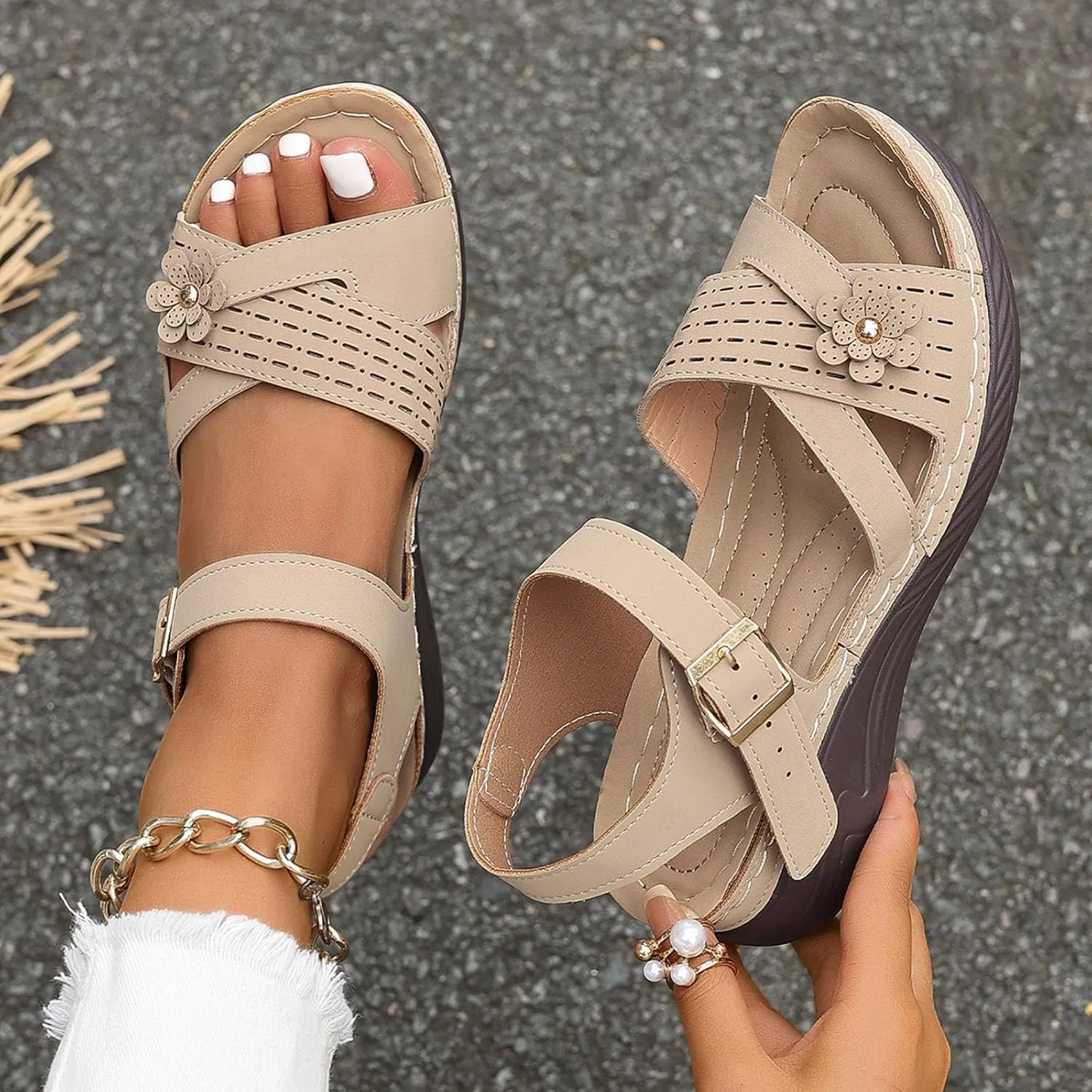 Womens Comfortable Sandals Open Toe Hollow Flower Wedge Orthopedic Flat Sandals for Women Dressy Non Slip Summer Walking Shoes Casual Breathable Shoes Orthotic Sandal