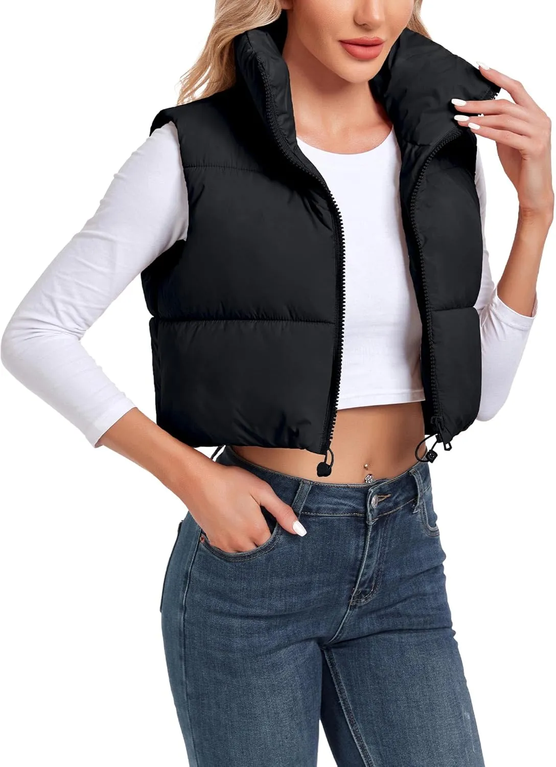 Women's Cropped Puffer Vest Sleeveless High Stand Collar Crop Outerwear Zip Up Warm Padded Gilet