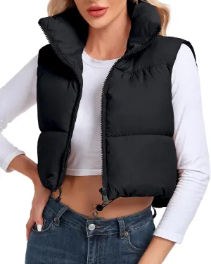 Women's Cropped Puffer Vest Sleeveless High Stand Collar Crop Outerwear Zip Up Warm Padded Gilet