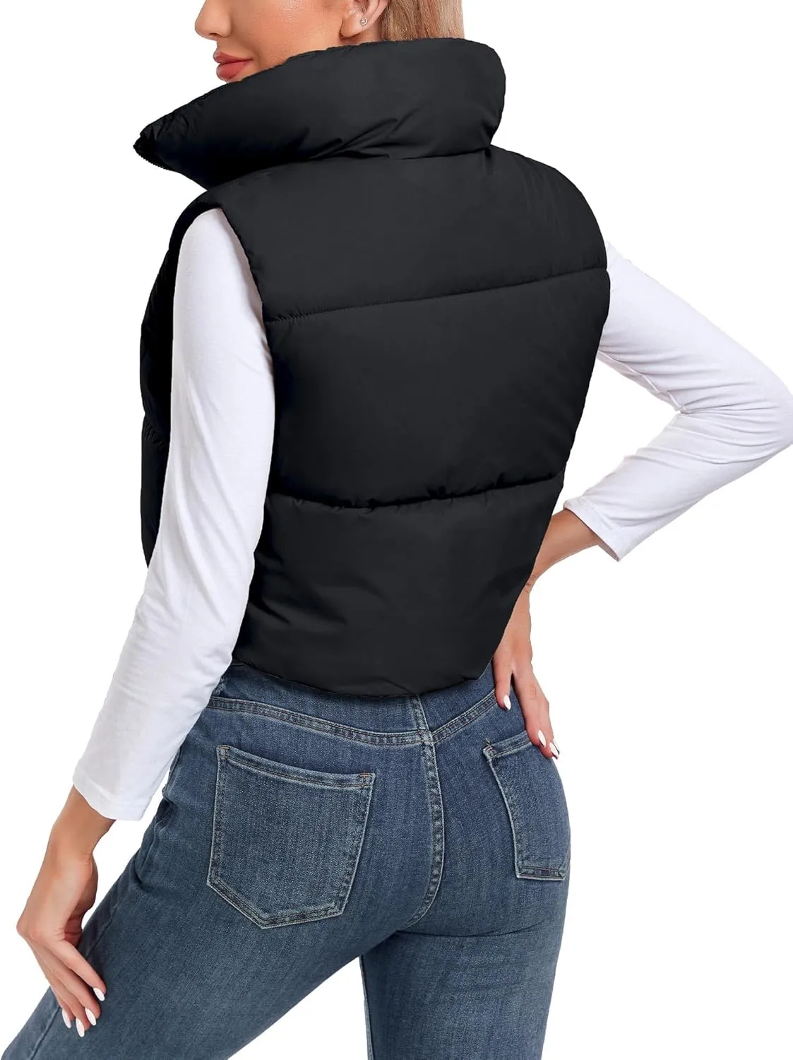 Women's Cropped Puffer Vest Sleeveless High Stand Collar Crop Outerwear Zip Up Warm Padded Gilet