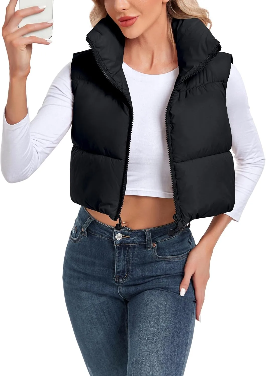 Women's Cropped Puffer Vest Sleeveless High Stand Collar Crop Outerwear Zip Up Warm Padded Gilet