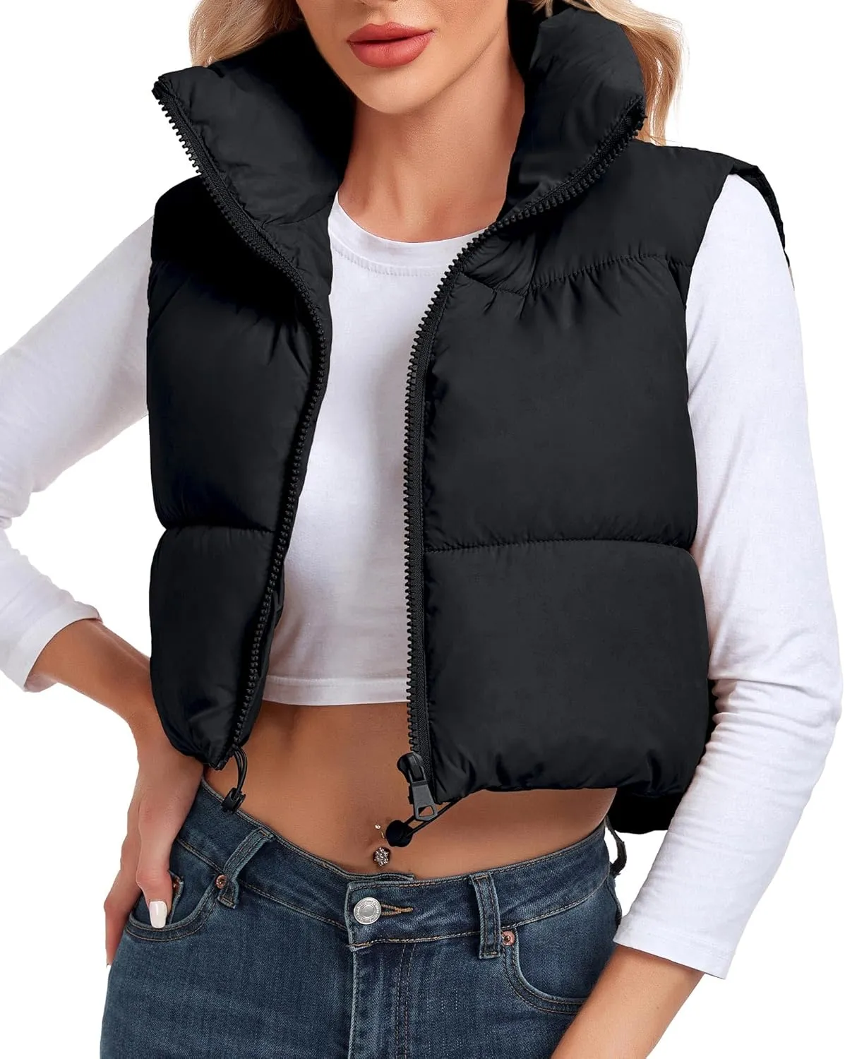 Women's Cropped Puffer Vest Sleeveless High Stand Collar Crop Outerwear Zip Up Warm Padded Gilet