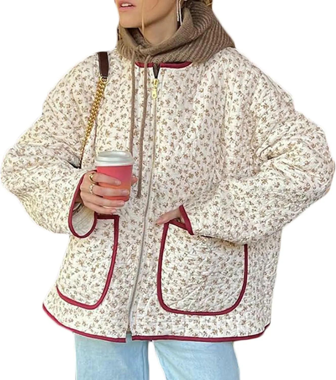 Womens Cropped Quilted Jacket Cardigan Lightweight Plaid Gingham Print Coat Padded Puffer Coats Fall Winter Outwear