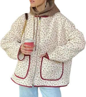Womens Cropped Quilted Jacket Cardigan Lightweight Plaid Gingham Print Coat Padded Puffer Coats Fall Winter Outwear