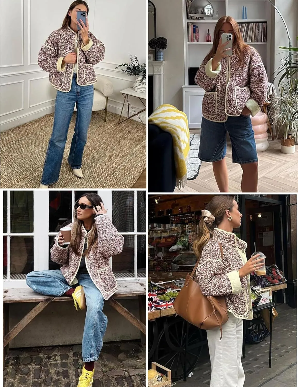 Womens Cropped Quilted Lightweight Jackets Floral Printed Open Front Puffer Coat Cardigan