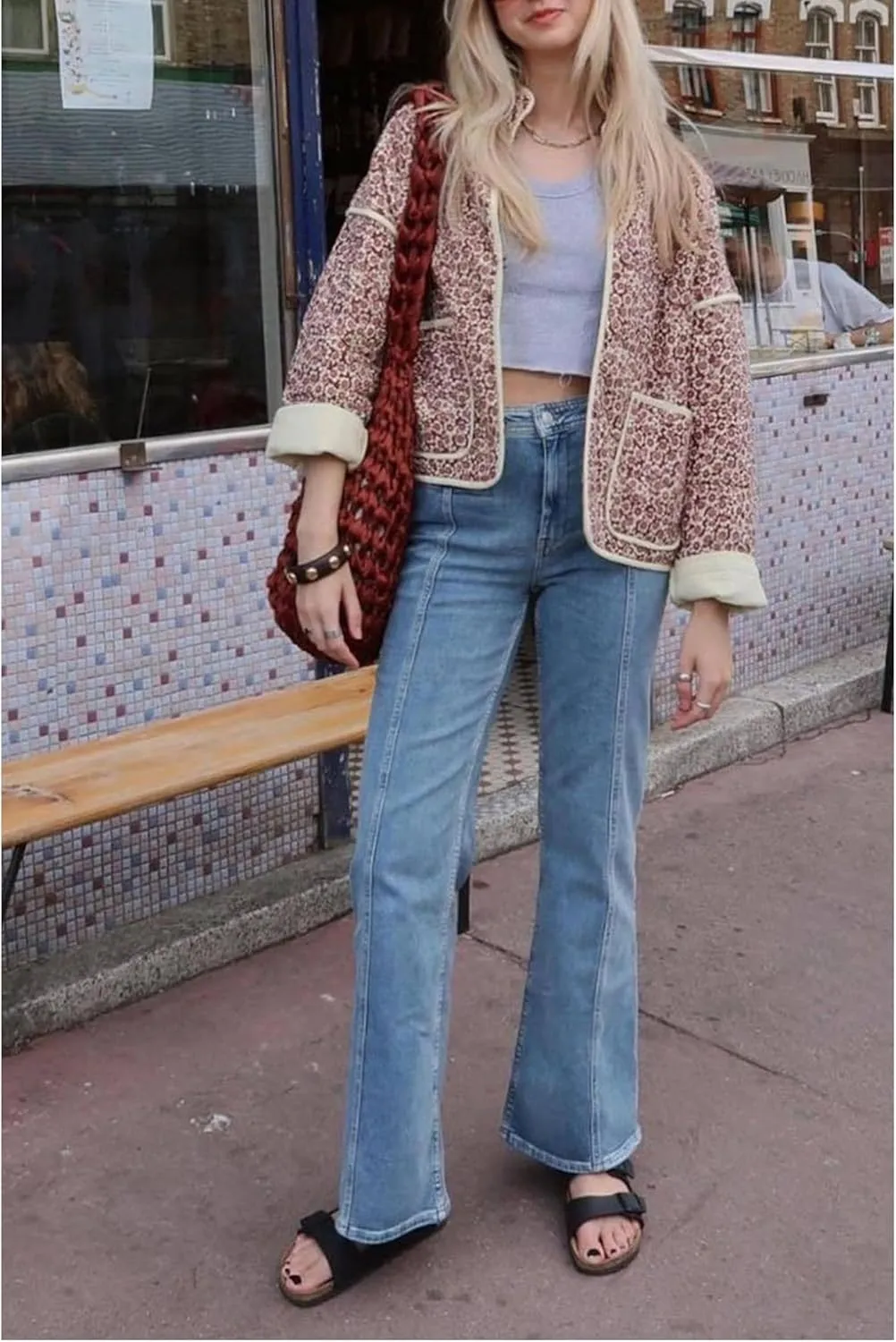 Womens Cropped Quilted Lightweight Jackets Floral Printed Open Front Puffer Coat Cardigan