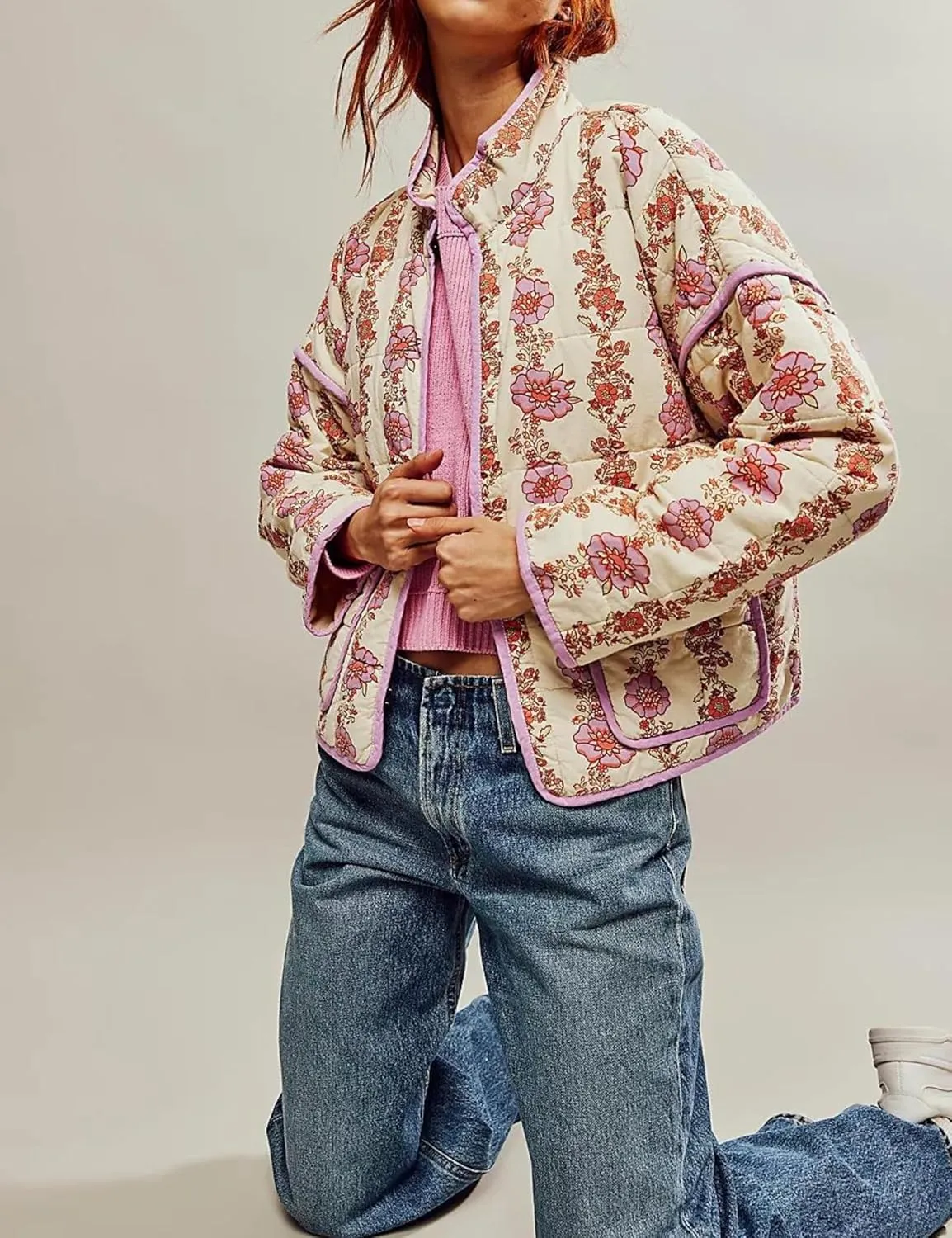 Womens Cropped Quilted Lightweight Jackets Floral Printed Open Front Puffer Coat Cardigan
