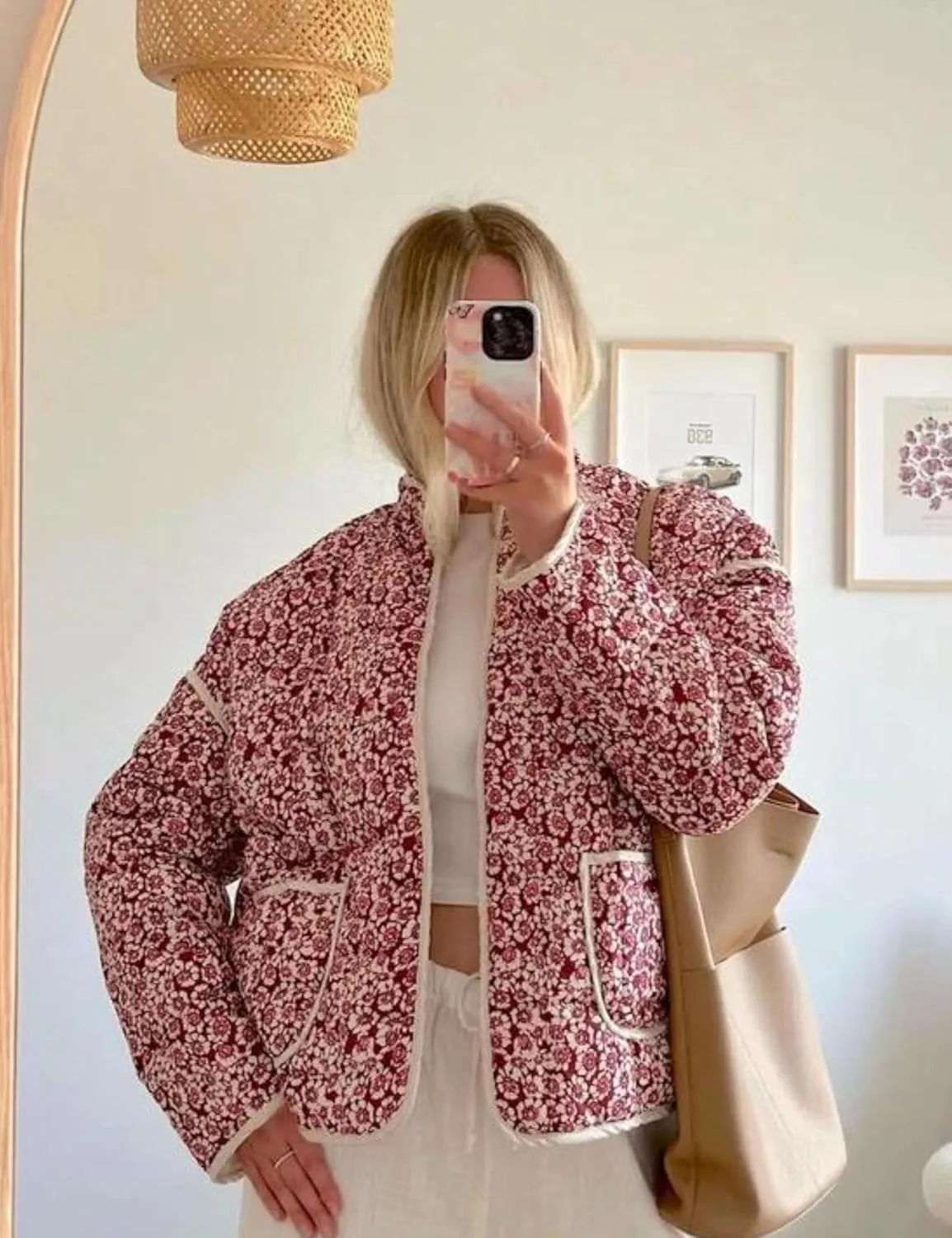 Womens Cropped Quilted Lightweight Jackets Floral Printed Open Front Puffer Coat Cardigan