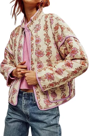 Womens Cropped Quilted Lightweight Jackets Floral Printed Open Front Puffer Coat Cardigan