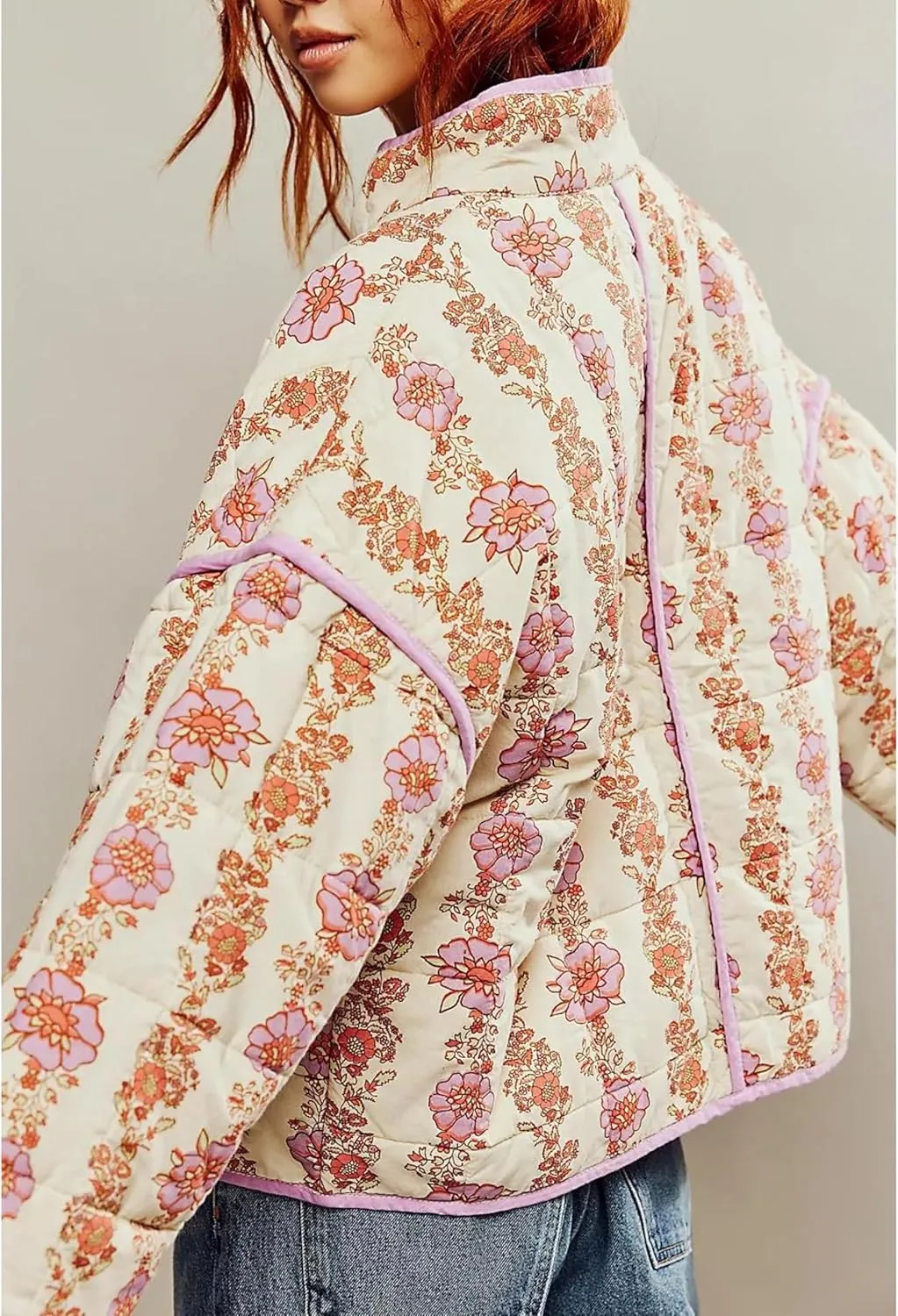 Womens Cropped Quilted Lightweight Jackets Floral Printed Open Front Puffer Coat Cardigan