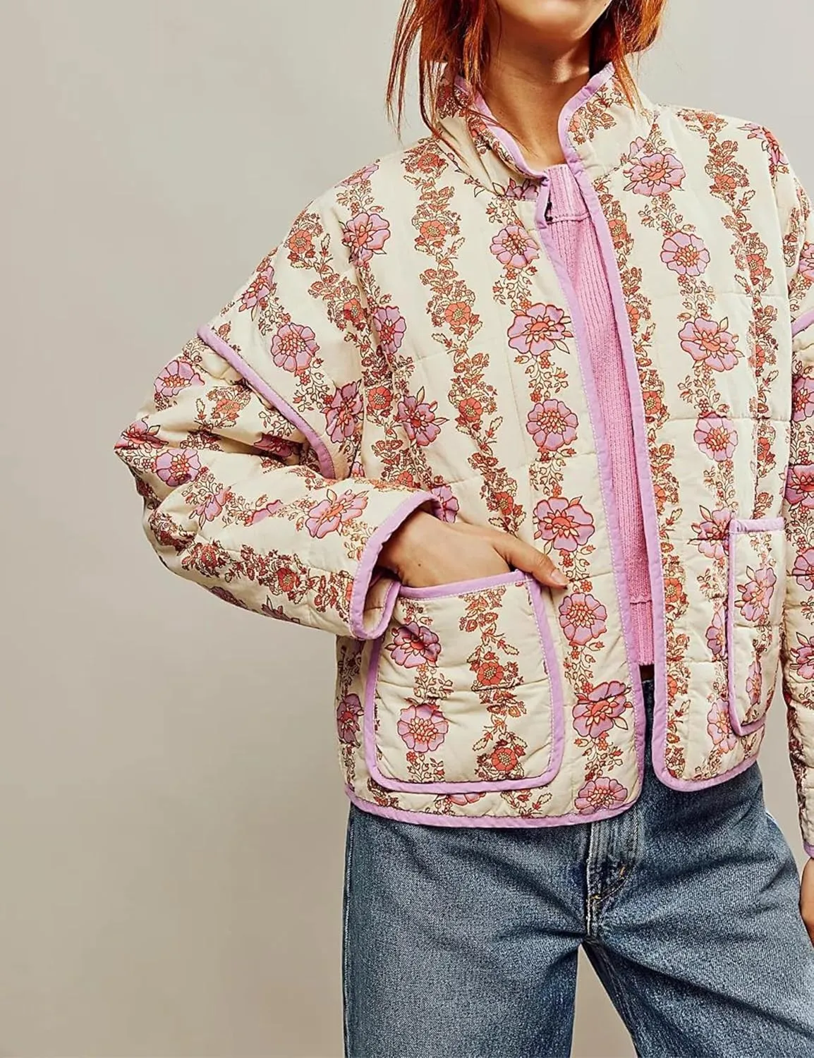 Womens Cropped Quilted Lightweight Jackets Floral Printed Open Front Puffer Coat Cardigan