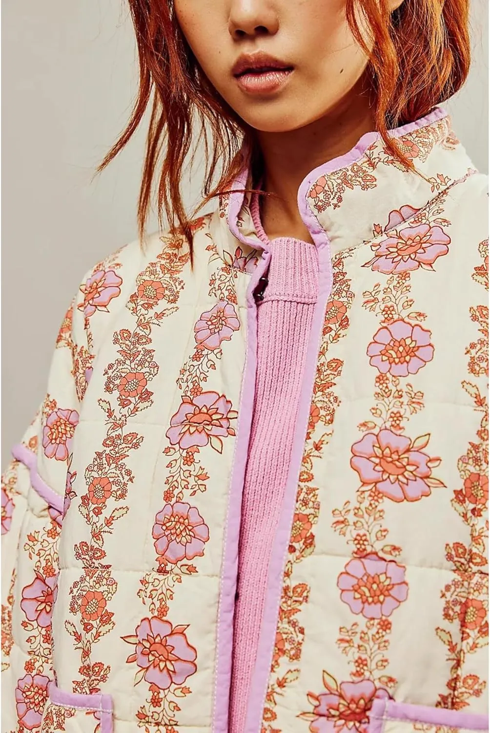 Womens Cropped Quilted Lightweight Jackets Floral Printed Open Front Puffer Coat Cardigan
