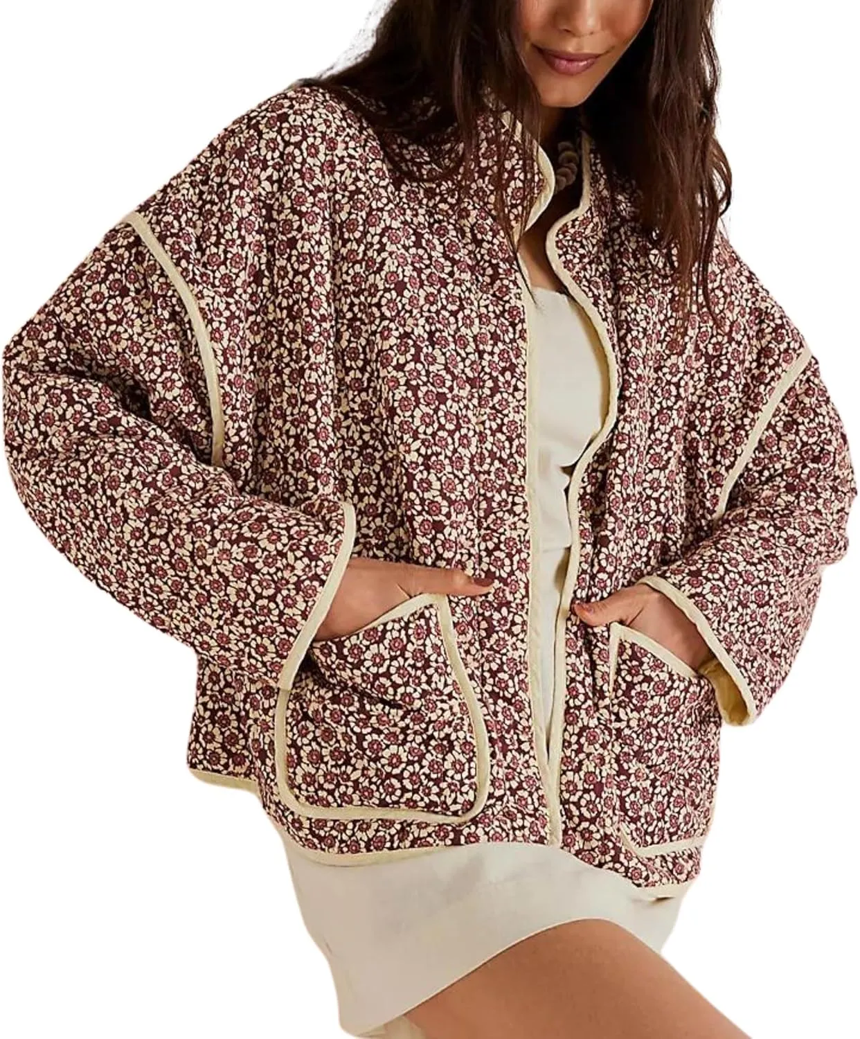 Womens Cropped Quilted Lightweight Jackets Floral Printed Open Front Puffer Coat Cardigan