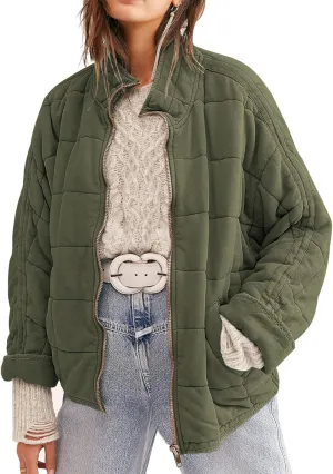 Womens Dolman Quilted Lightweight Jackets Full-zip Stand Collar Loose Warm Winter Outwears with Pockets