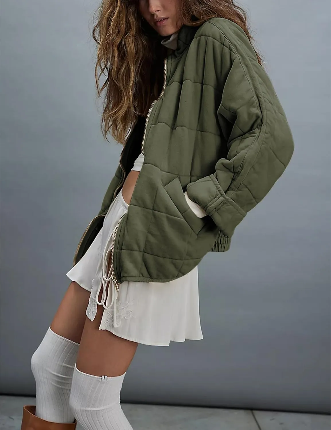 Womens Dolman Quilted Lightweight Jackets Full-zip Stand Collar Loose Warm Winter Outwears with Pockets