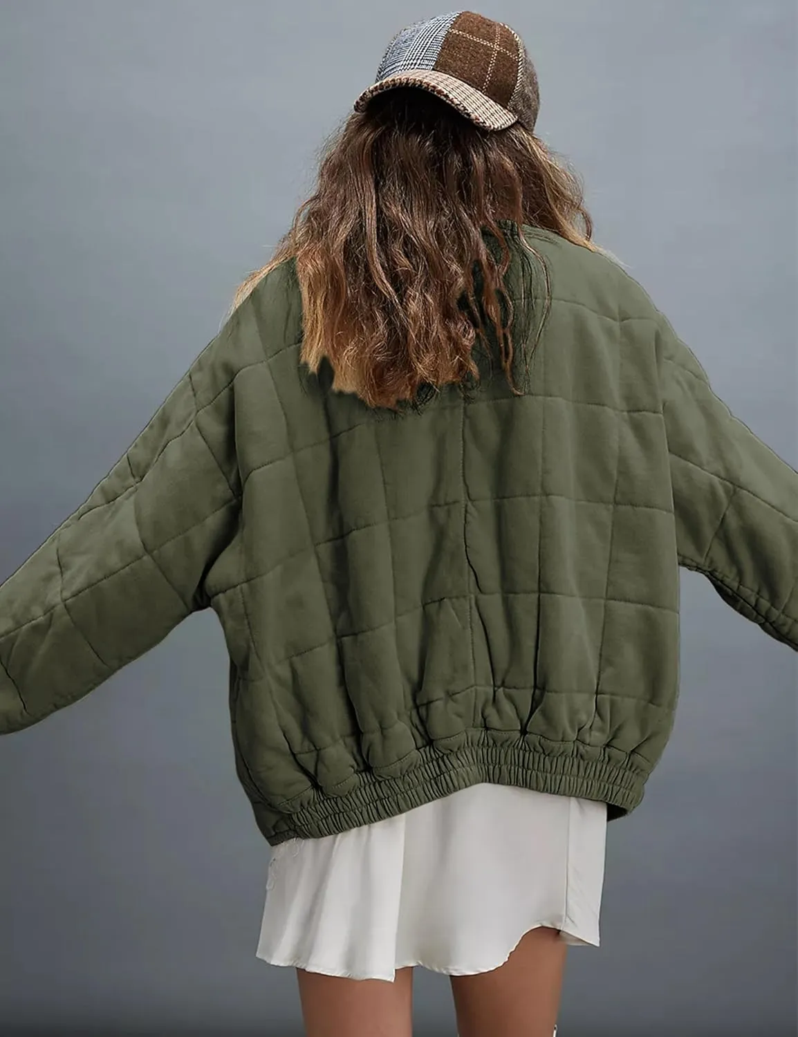 Womens Dolman Quilted Lightweight Jackets Full-zip Stand Collar Loose Warm Winter Outwears with Pockets