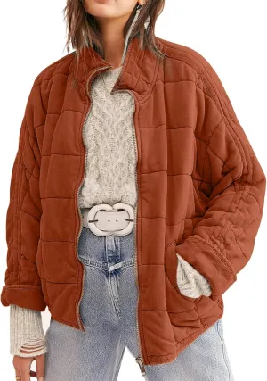 Womens Dolman Quilted Lightweight Jackets Full-zip Stand Collar Loose Warm Winter Outwears with Pockets