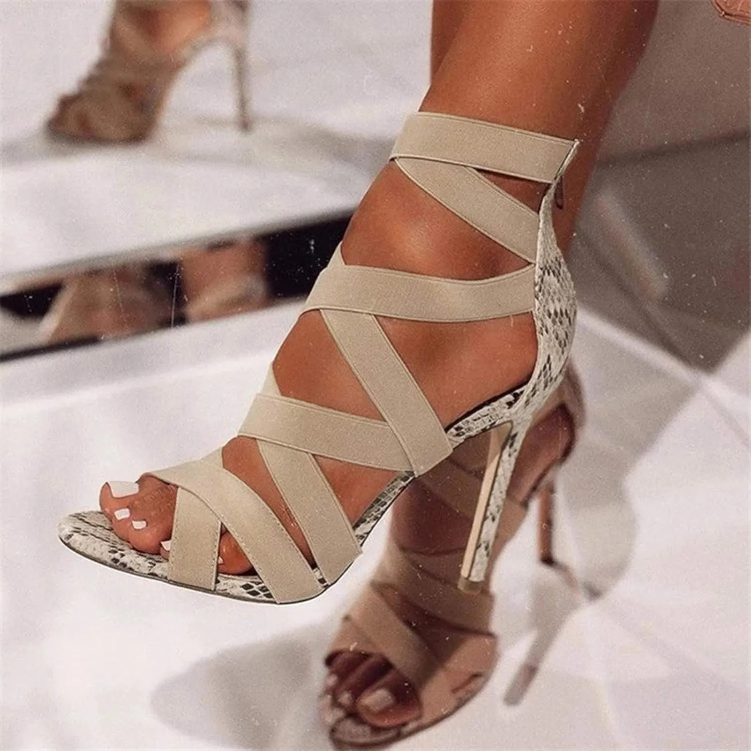 Women's Dressy Sandals Crisscross Strap Stiletto High Heels Sandals with Back Zipper Peep Toe Block Color Sandal Shoes