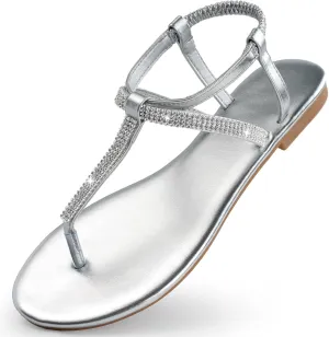 Women's Dressy Sandals Flat Glitter Comfortable Slides Rhinestone Sandals for Women Ladies Fashion Shoes