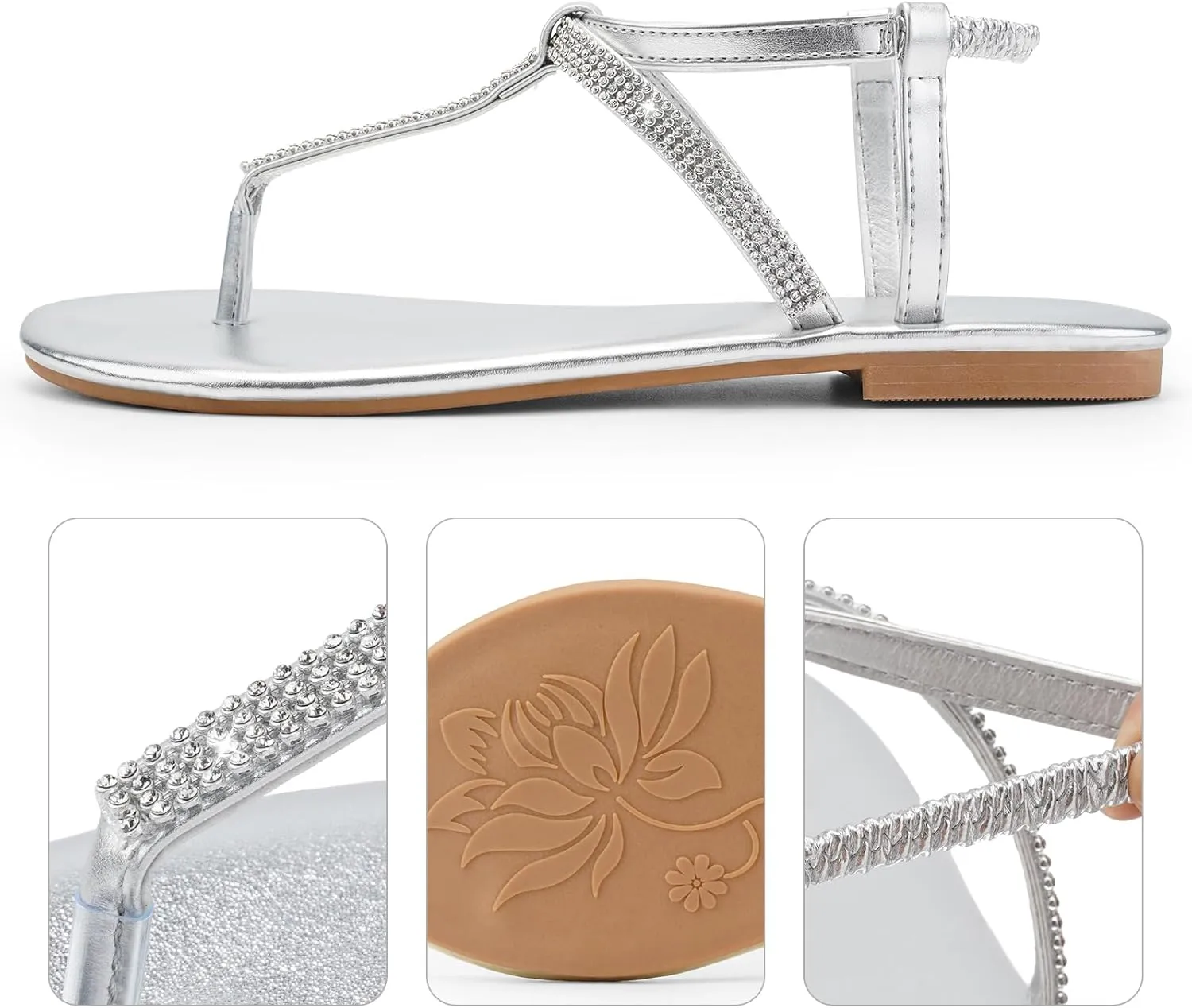 Women's Dressy Sandals Flat Glitter Comfortable Slides Rhinestone Sandals for Women Ladies Fashion Shoes
