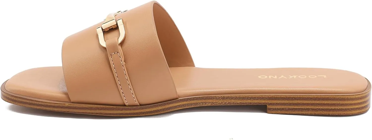 Womens Flat Sandals Dressy Square Open Toe Summer Slides Sandals Slip on Comfortable Leather Sandals for Women