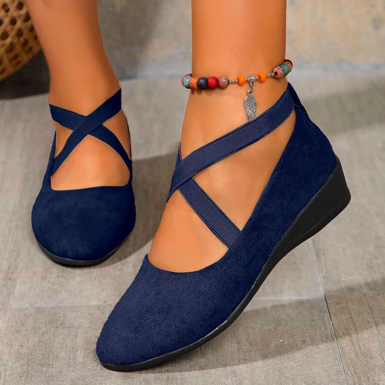 Womens Flats Comfortable Shoes Crisscross Elastic Ankle Straps Closed Toe Dressy Fashion Casual Ballet Office Flats Shoes