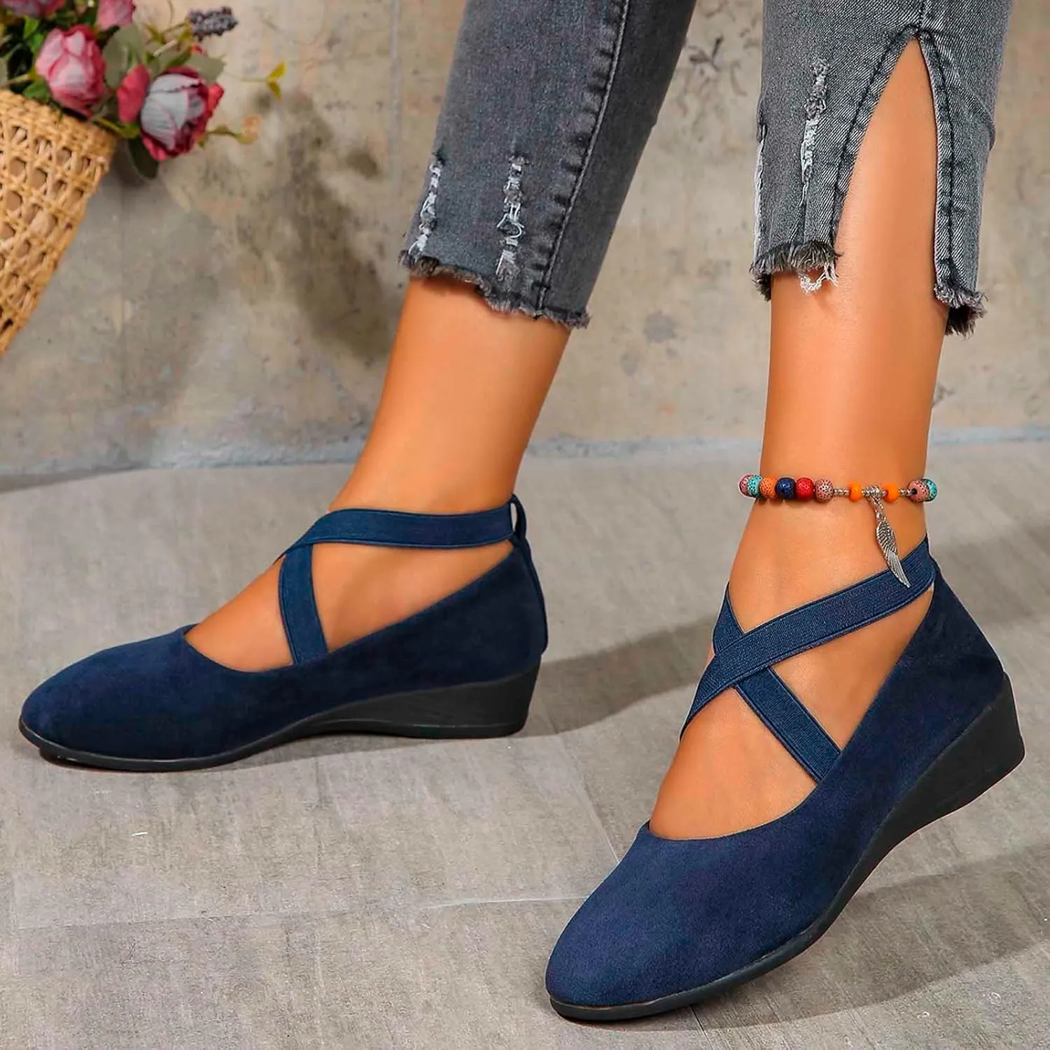 Womens Flats Comfortable Shoes Crisscross Elastic Ankle Straps Closed Toe Dressy Fashion Casual Ballet Office Flats Shoes