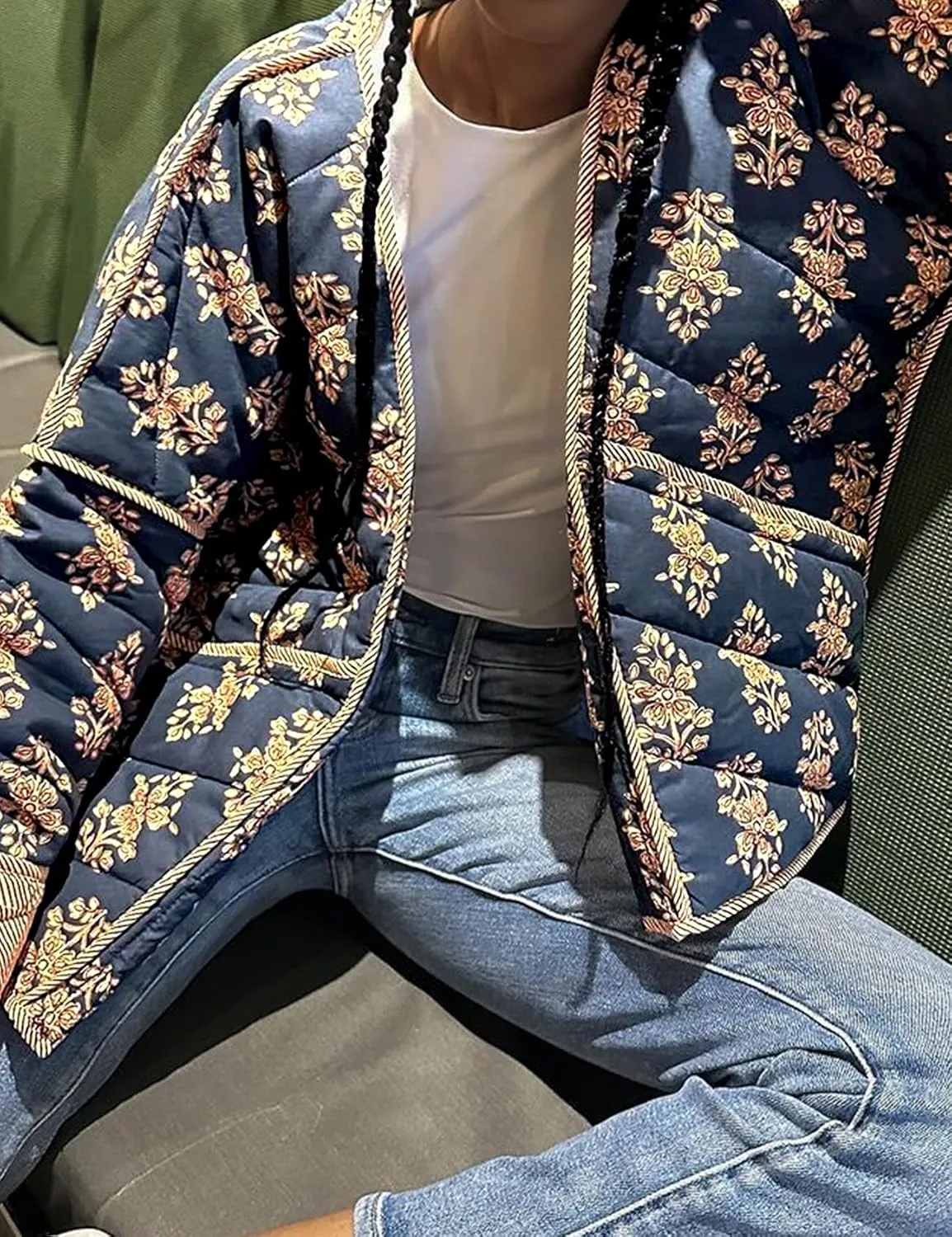 Womens Floral Puffer Quilted Jacket Open Front Vintage Lightweight Patched Coat Mid Long Boho Fall Winter Outerwear