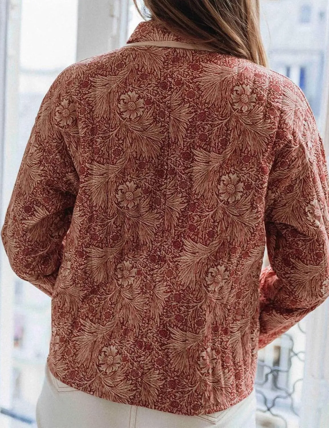 Womens Floral Puffer Quilted Jacket Open Front Vintage Lightweight Patched Coat Mid Long Boho Fall Winter Outerwear