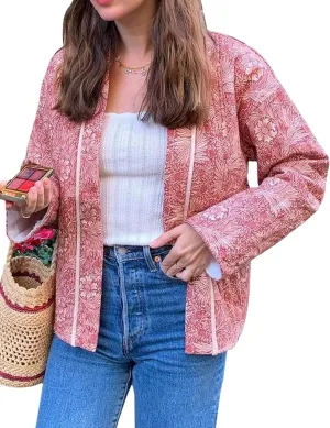 Womens Floral Puffer Quilted Jacket Open Front Vintage Lightweight Patched Coat Mid Long Boho Fall Winter Outerwear