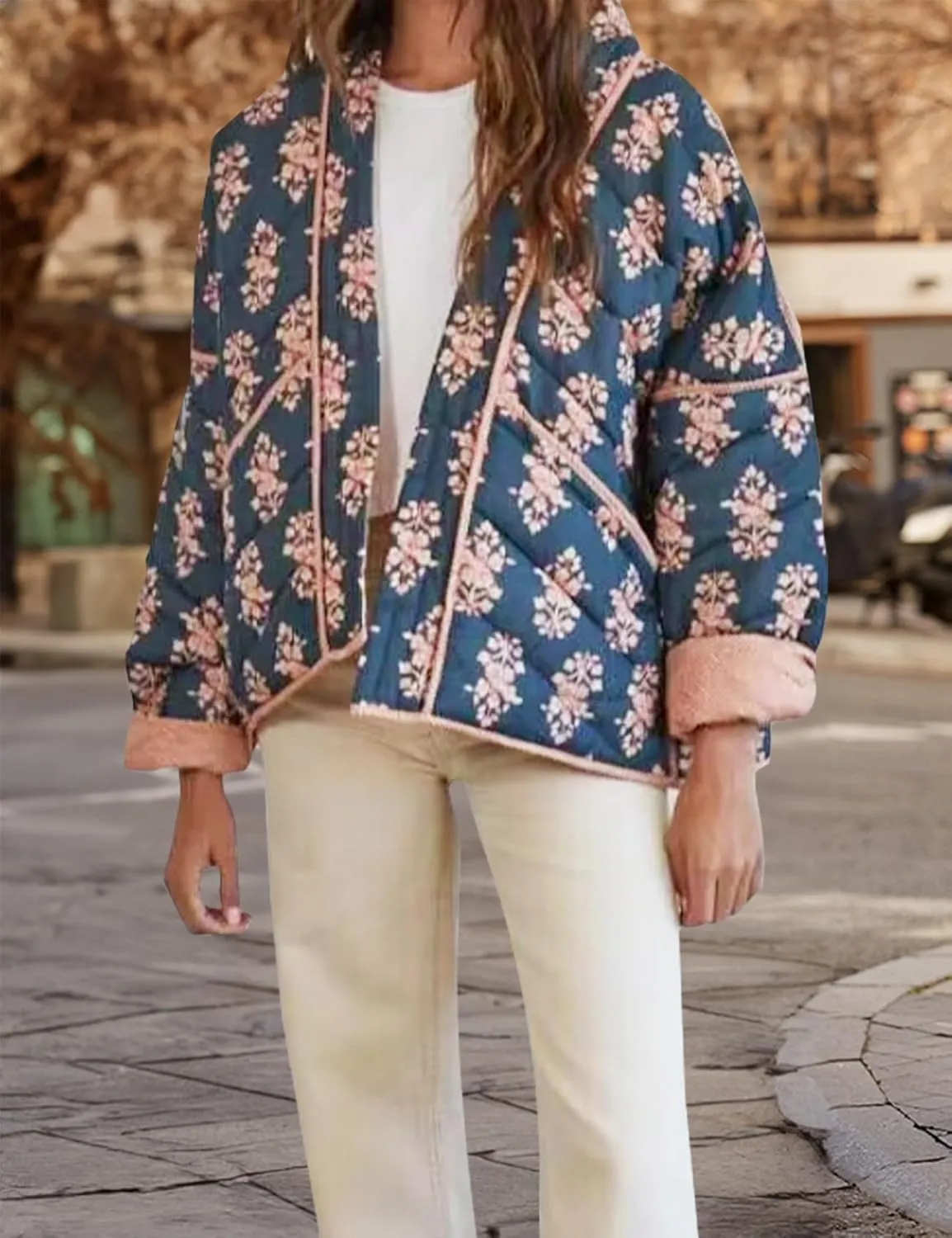 Womens Floral Puffer Quilted Jacket Open Front Vintage Lightweight Patched Coat Mid Long Boho Fall Winter Outerwear