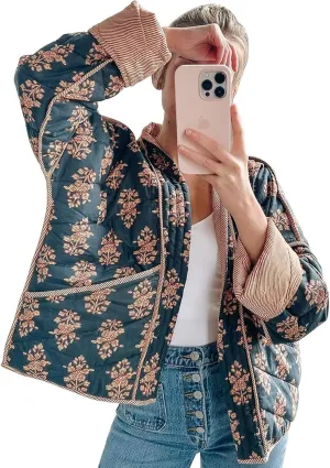 Womens Floral Puffer Quilted Jacket Open Front Vintage Lightweight Patched Coat Mid Long Boho Fall Winter Outerwear