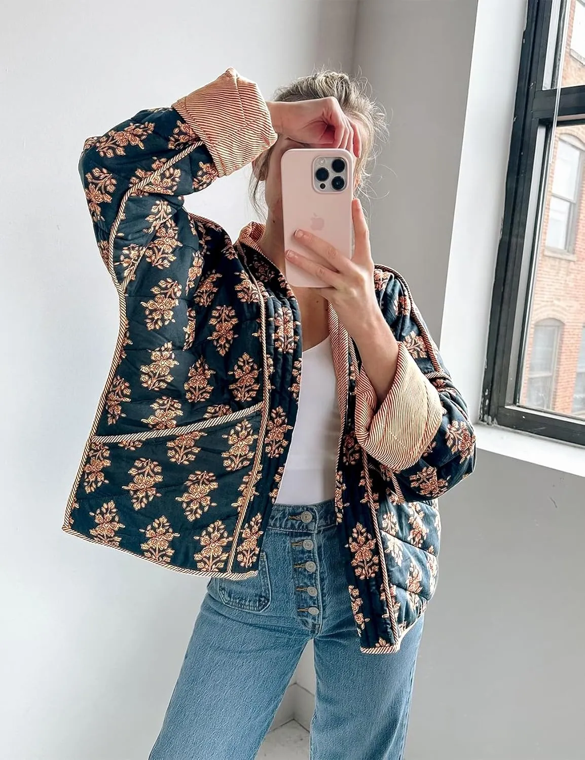 Womens Floral Puffer Quilted Jacket Open Front Vintage Lightweight Patched Coat Mid Long Boho Fall Winter Outerwear