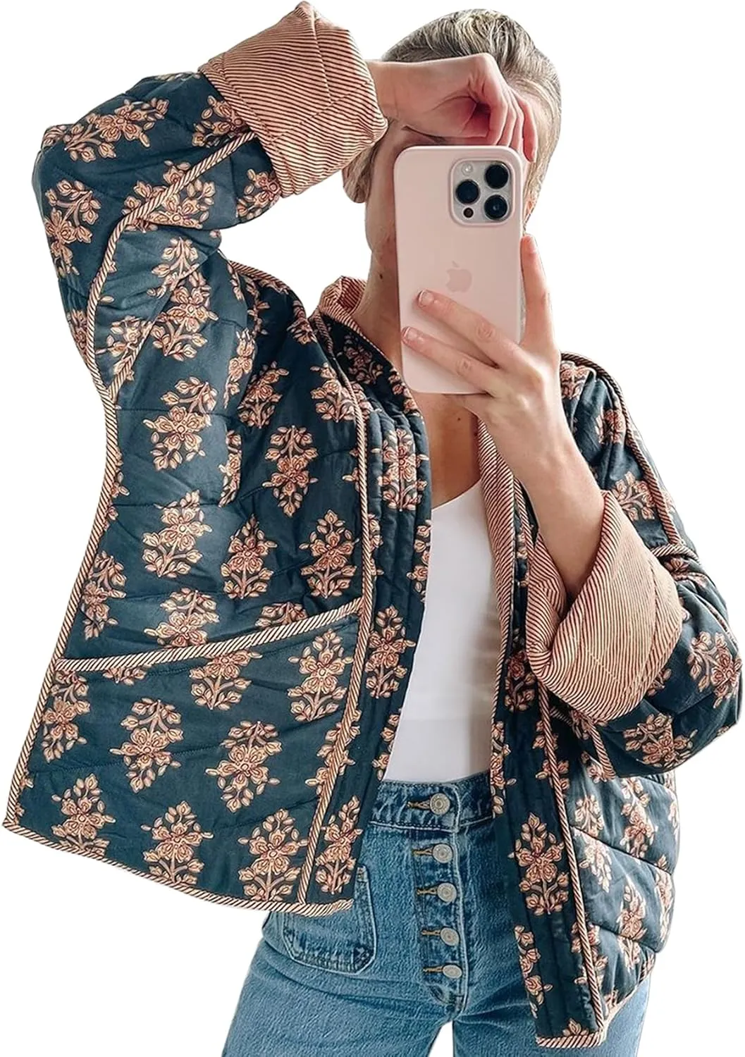 Womens Floral Puffer Quilted Jacket Open Front Vintage Lightweight Patched Coat Mid Long Boho Fall Winter Outerwear