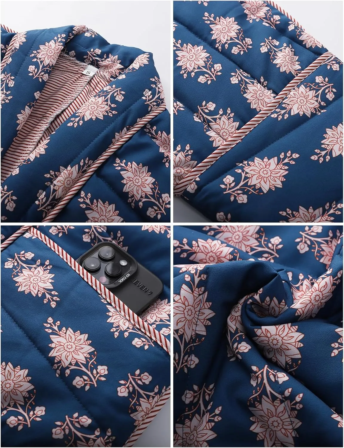 Womens Floral Puffer Quilted Jacket Open Front Vintage Lightweight Patched Coat Mid Long Boho Fall Winter Outerwear