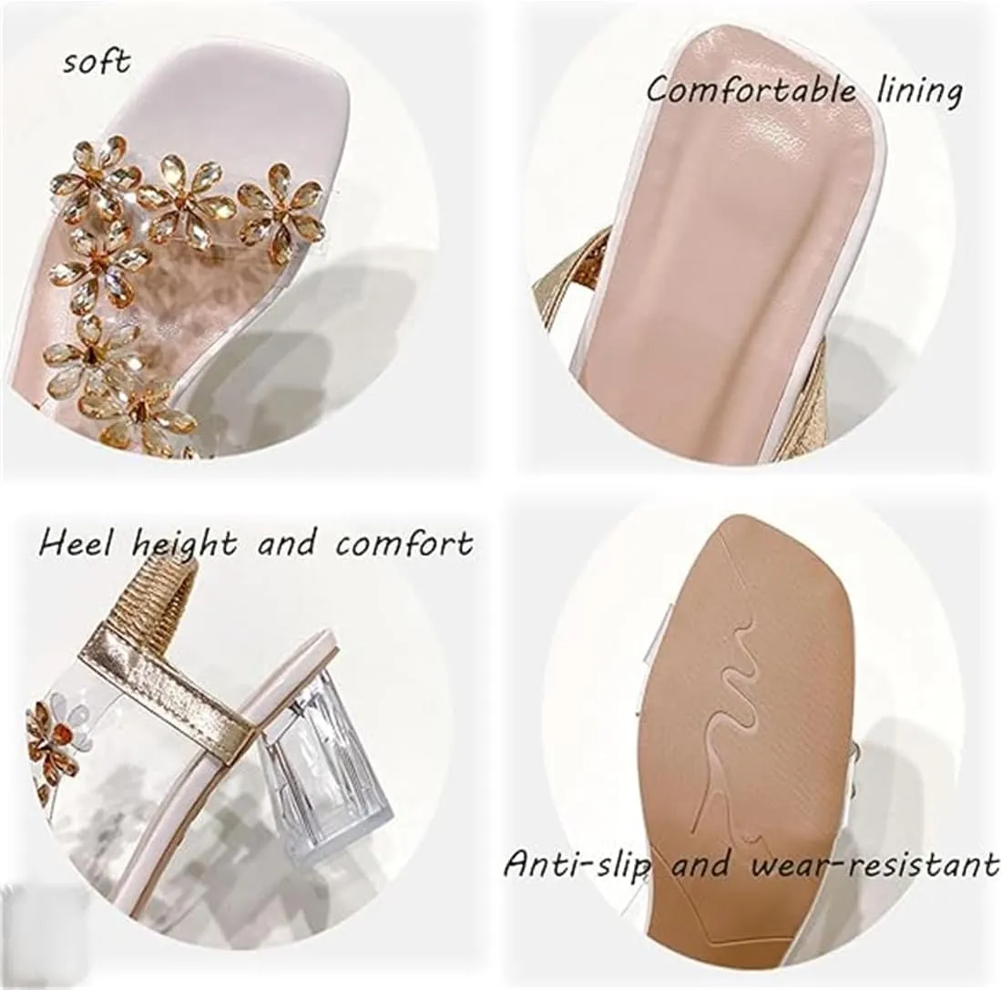 Women's Flower Rhinestone Block Heel Sandals, Summer Fashion Square Open Toe High Heels, Clear Crystal Chunky Heel Dress Shoes for Party with Elastic Ankle Strap