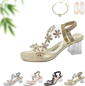 Women's Flower Rhinestone Block Heel Sandals, Summer Fashion Square Open Toe High Heels, Clear Crystal Chunky Heel Dress Shoes for Party with Elastic Ankle Strap