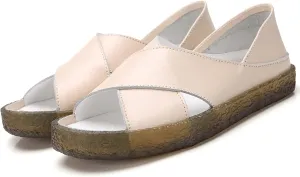 Women’s Genuine Leather Beef Tendon Flat Open Toe Sandals,Summer Casual Comfort Memory Insole Slip-on with Arch Support Soft Flats Walking Sandal Loafer