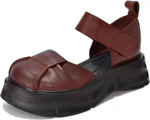 Women's Genuine Leather Platform Vintage Roman Sandals With Adjustable Hook And Loop Closed Round Toe Chunky Platform Comfortable Anti-Slip Hollow Out Casual Walking Sandals (6,brown)