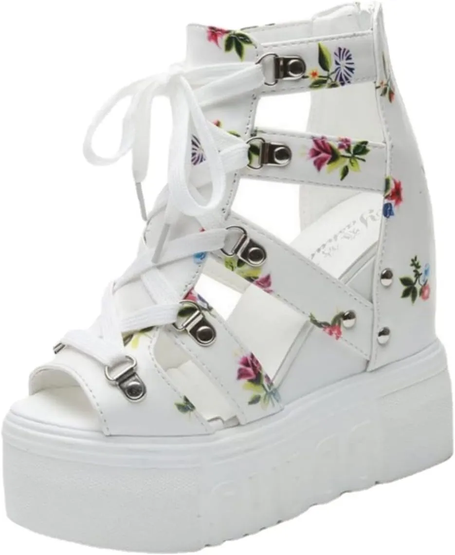 Women's Goth Punk Wedge Sandals Ankle Strap Cutout High Heel Roman Platform Pumps,Open Toe Lace-up Fish Mouth Summer Sandals