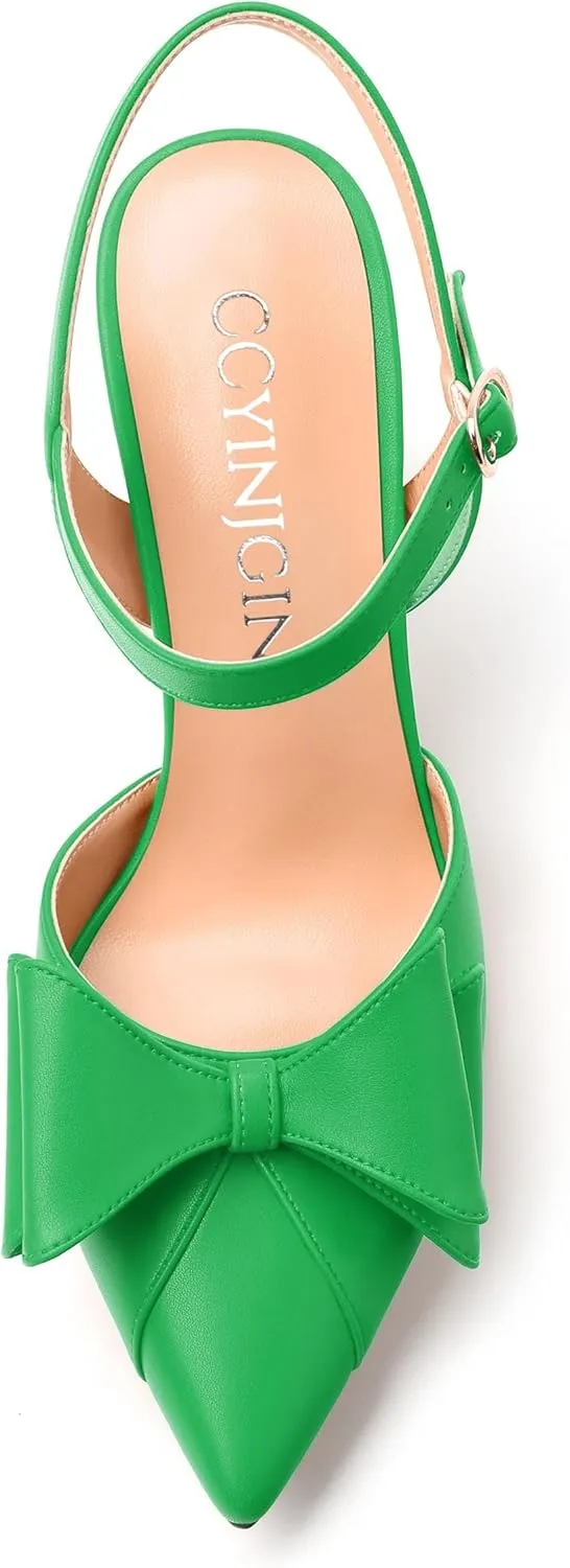 Women's Heeled Sandals, Double Bowknot Sandals Chunky High Heels Pumps, Sexy Closed Pointed Toe Ankle Strap Heels Slingback Slip on Comfortable wedding Bridal Dress Shoes