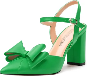 Women's Heeled Sandals, Double Bowknot Sandals Chunky High Heels Pumps, Sexy Closed Pointed Toe Ankle Strap Heels Slingback Slip on Comfortable wedding Bridal Dress Shoes