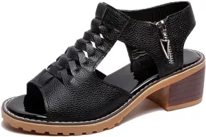 Women's High Heel Sandals Cross Cutout Ankle Strap Chunky Heel Sandals Open Toe Side Zip Mid Heel Sandals Summer Casual Beach Sandals