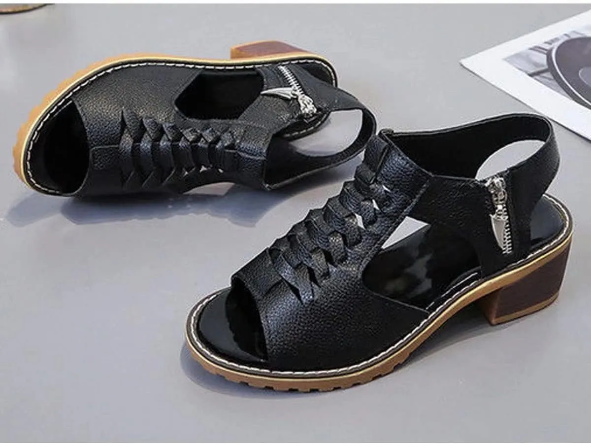 Women's High Heel Sandals Cross Cutout Ankle Strap Chunky Heel Sandals Open Toe Side Zip Mid Heel Sandals Summer Casual Beach Sandals