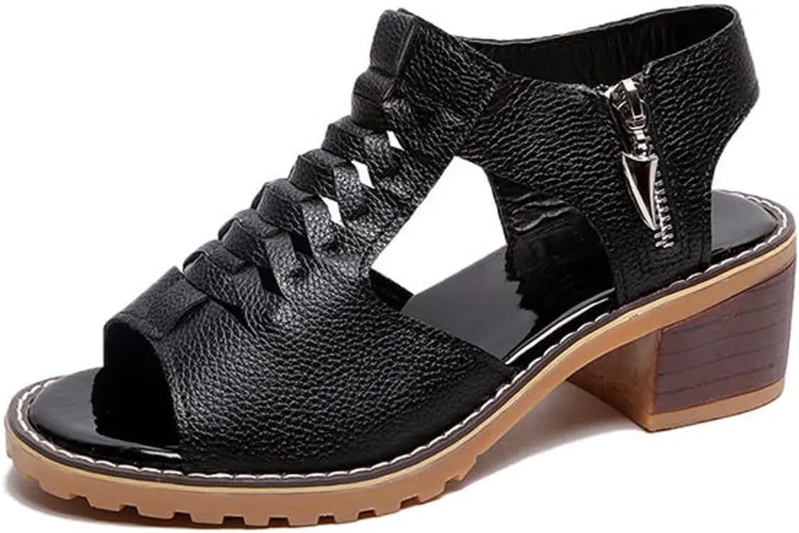 Women's High Heel Sandals Cross Cutout Ankle Strap Chunky Heel Sandals Open Toe Side Zip Mid Heel Sandals Summer Casual Beach Sandals